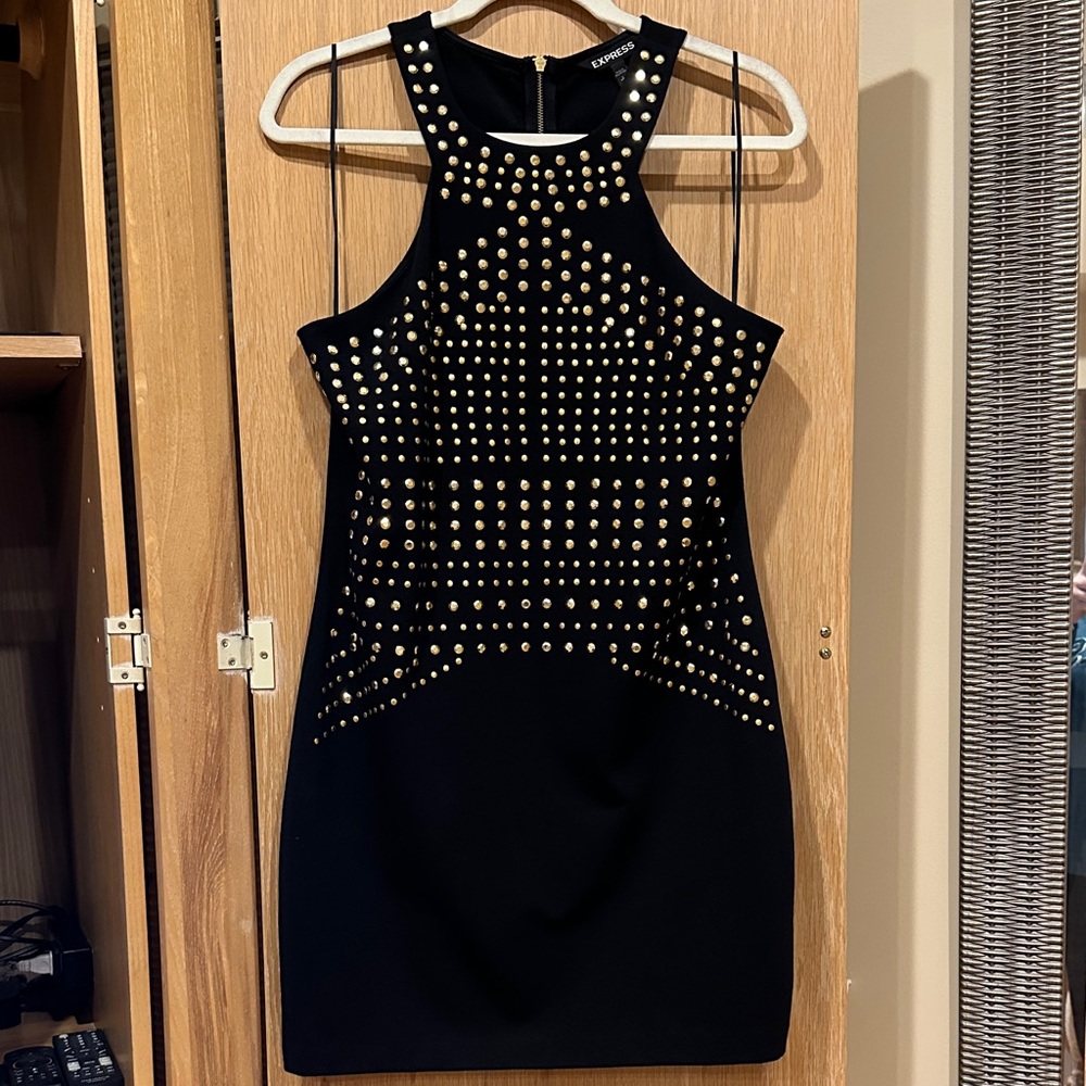Express Black Mini Dress with Gold Studs